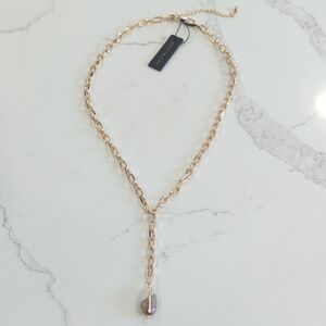Ann Taylor Rose Gold Y-Drop Necklace with Faceted White and Stone Teardrop